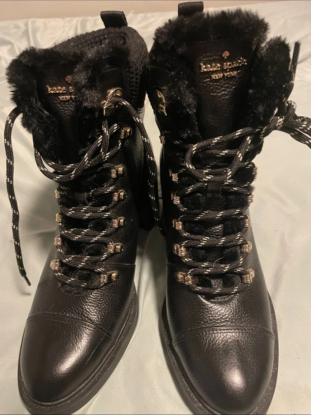 kate spade Black Knit-Cuff Lace-Up Ankle Boots with Faux Fur Trim
